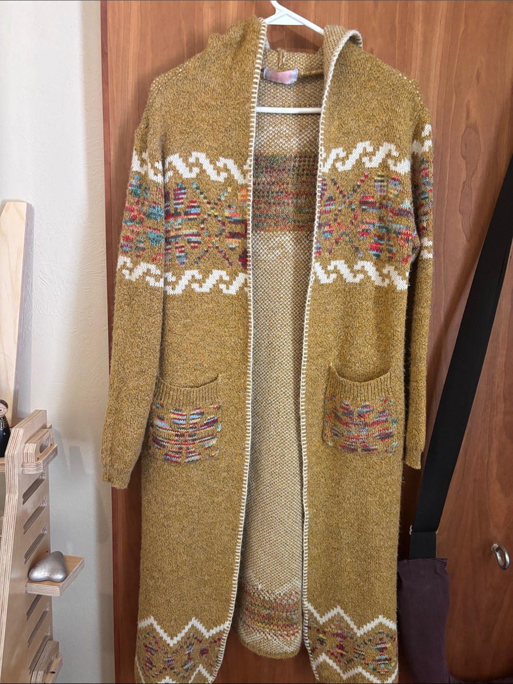Long Hooded Open-Front Cardigan Sweater in Mustard with Patterned Accents